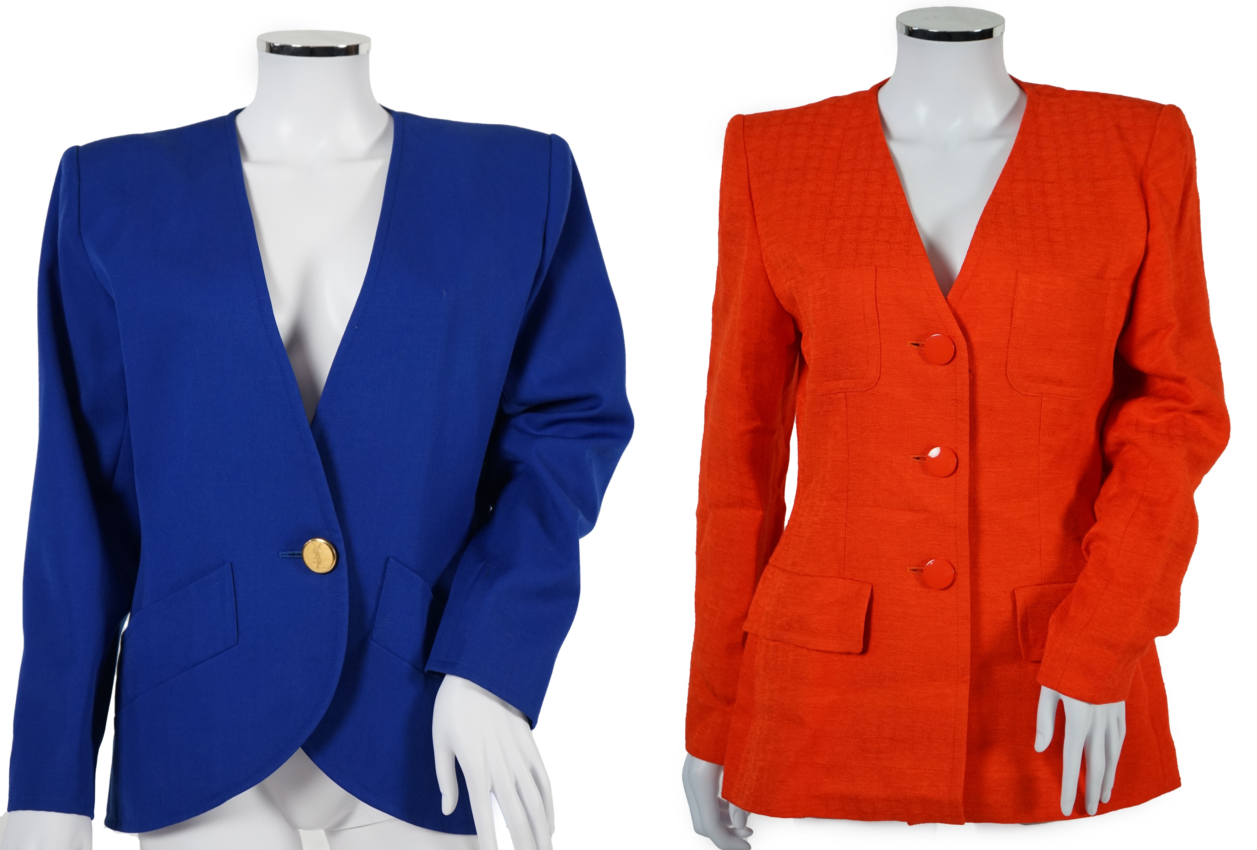 Two vintage Yves Saint Laurent variation lady's skirt suits, royal blue and orange. F 40 (UK 12).Please note alterations to make the waist smaller may have been carried out on some of the skirts. Proceeds to Happy Paws P